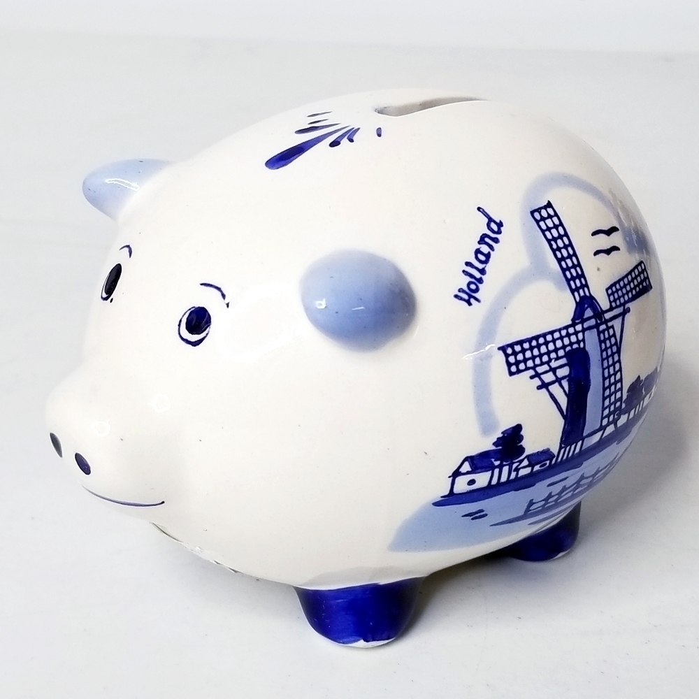 Vintage Collectible Holland Handpainted Windmill Floral Blue Piggy Coin Bank